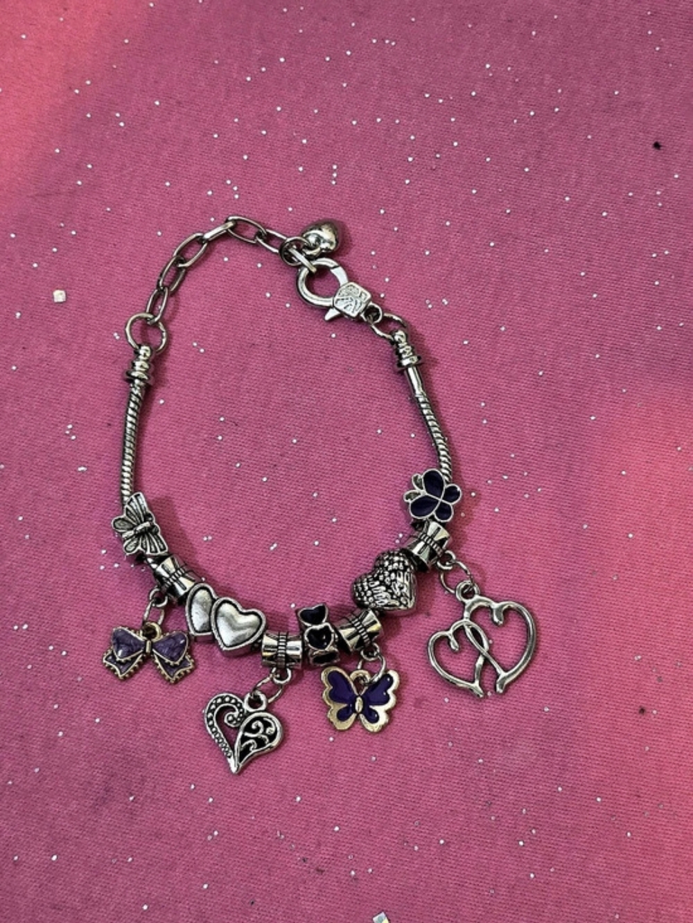 Silver Tone Cable Chain Charm Bracelet w/ Purple Enamel Bow, Hearts & Butterfly
